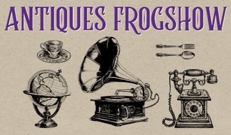 Antiques Frogshow illustration with black and white antique items like a globe and phonograph