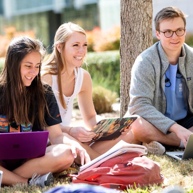 Students with laptop computers sit in a circle on the lawn